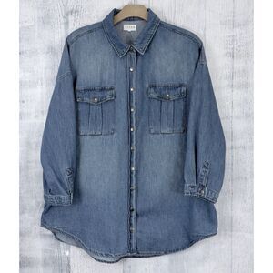Risen Denim Shirt Womens 1XL Shacket Oversized Snap Button Up Side/Chest Pocket